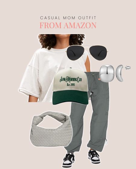 Casual mom outfit idea from Amazon — trucker hat, sunglasses, white tee, cropped tee, joggers, parachute pants, silver earrings 

#LTKFindsUnder50 #LTKSaleAlert #LTKFindsUnder100