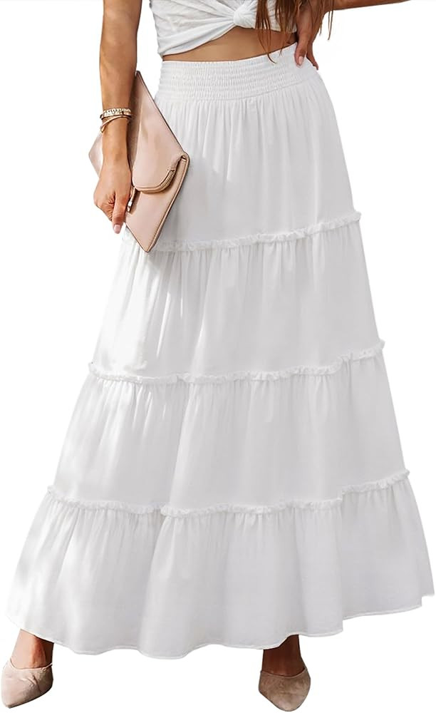 Women’s Summer Boho Maxi Skirts Smocked High Wasited Flowy Tiered Ruffle A Line Long Beach Skir... | Amazon (US)