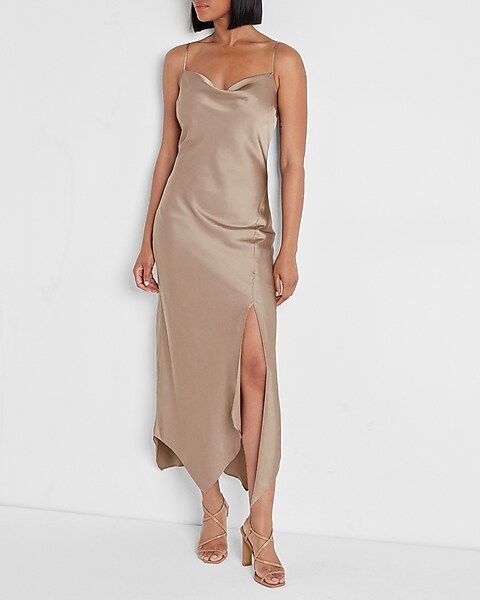 Satin Cowl Neck Asymmetrical Hem Maxi Slip Dress | Express