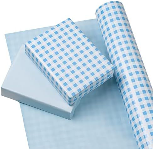 WRAPAHOLIC Reversible Wrapping Paper Roll - 30 Inch X 100 Feet Jumbo Roll Blue and White Plaid Desig | Amazon (US)