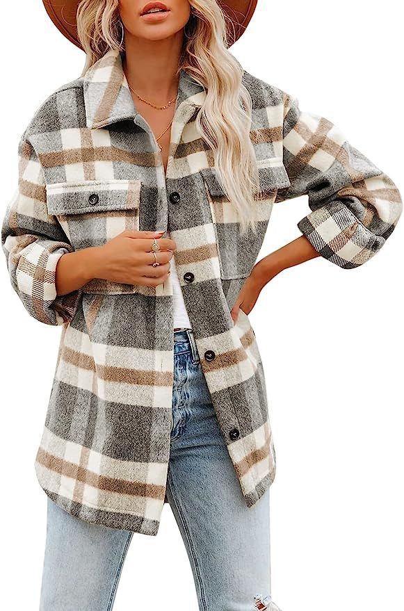 Women's Brushed Plaid Shirts Long Sleeve Flannel Lapel Button Down Pocketed Shacket Jacket Coats | Amazon (US)