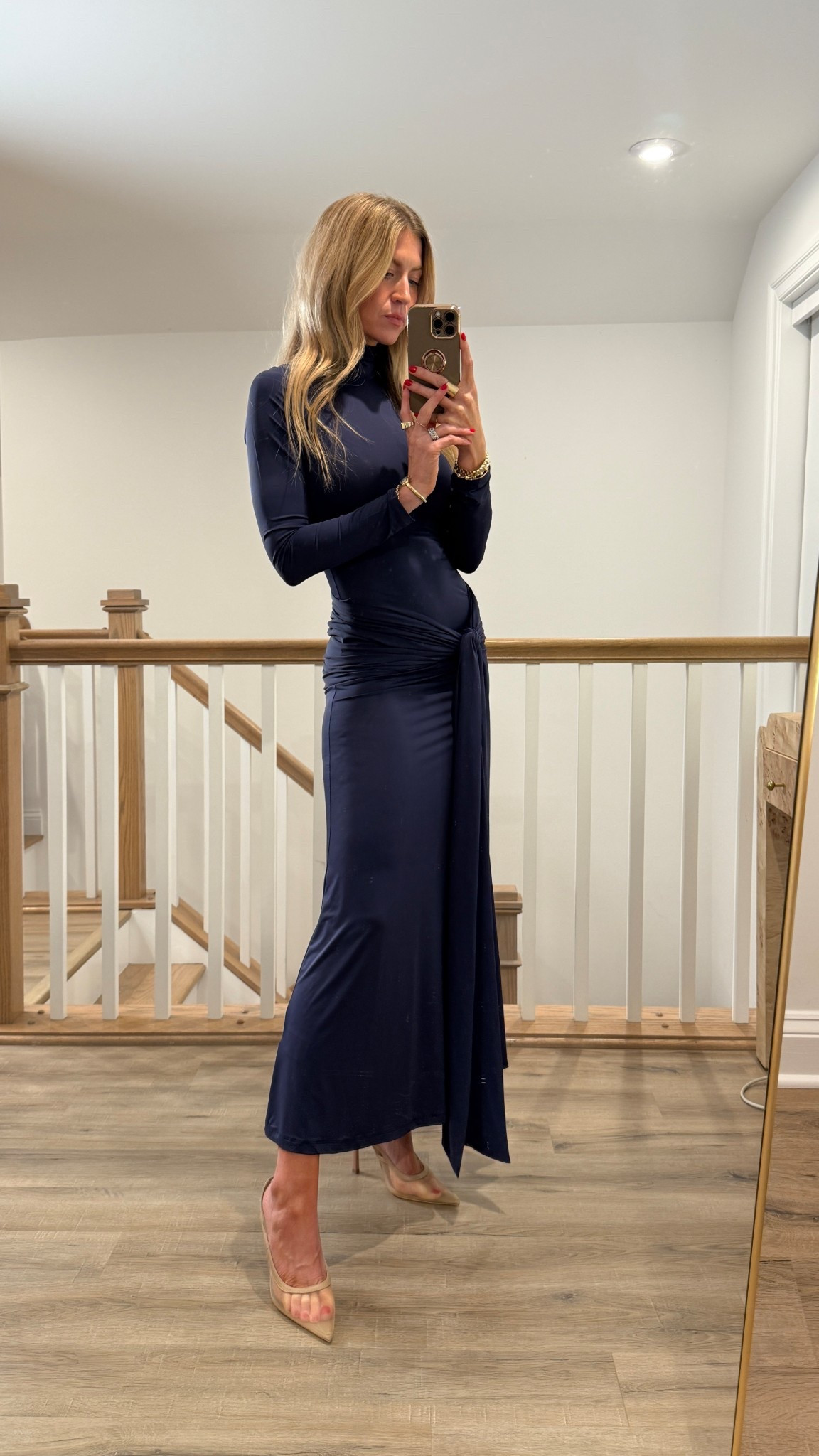 The most stunning navy dress - this would be so chic for a holiday party! Also comes in a maroon. Runs TTS, wearing a size 2. 
Sheer nude pumps: the back kept slipping off a bit so these run big, I’d size down 1/2 a size  

#LTKParties #LTKStyleTip #LTKHoliday