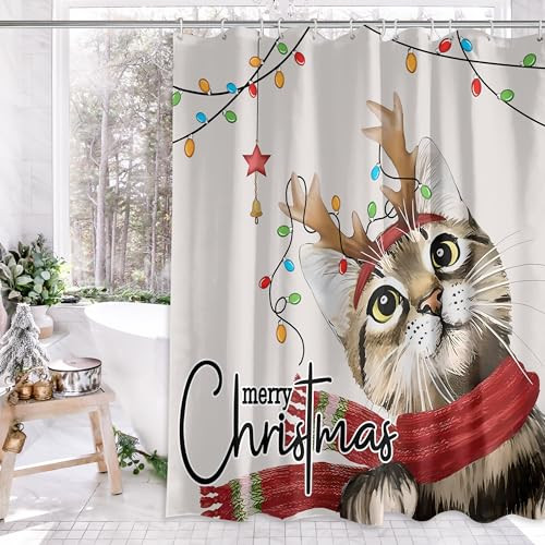Christmas Cat Shower Curtain, Merry Christmas Shower Curtains for Bathroom, Cute Winter Farmhouse Holiday New Year Bathroom Home Decor, Waterproof Fabric with Hooks 72x72 Inch | Amazon (US)