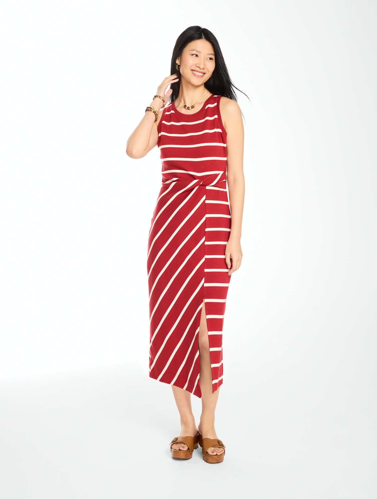 Twist Front Knit Midi Dress - Desert Stripe - Autumn Red/Ivory - XS Talbots | Talbots