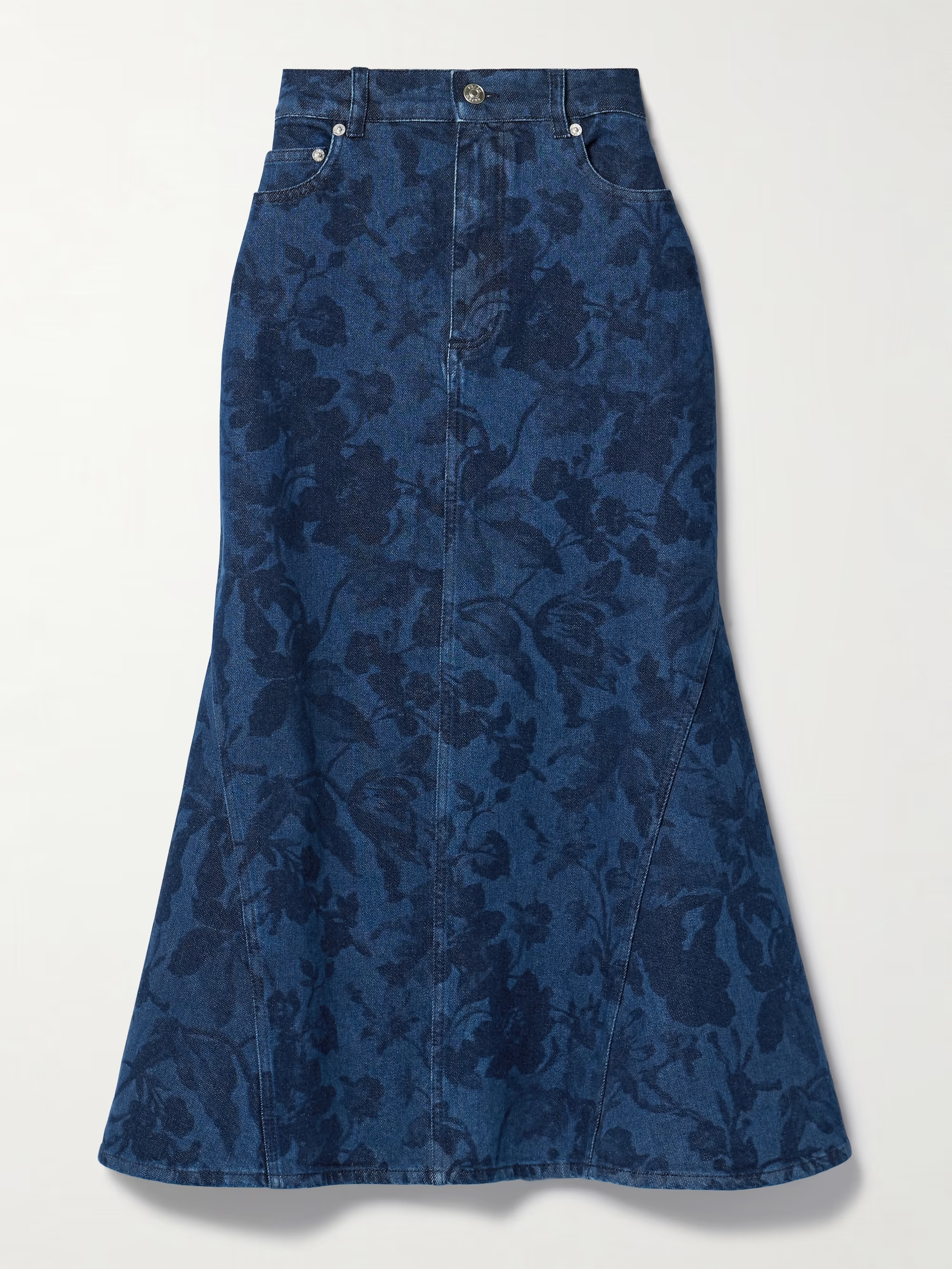 Leather-trimmed floral-print denim midi skirt | NET-A-PORTER (US)