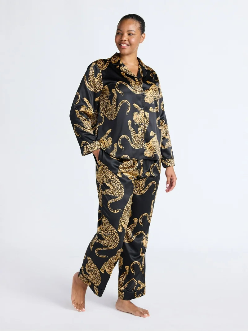 Joyspun Women’s Stretch Satin Notch Long Sleeve Top and Pants Pajama Set, 2-Piece, Sizes XS-3X | Walmart (US)