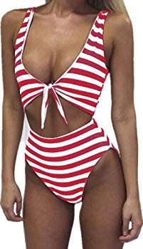 Womens Swimsuits High Waisted One Piece Bathing Suits Sexy Tie Knot Front Bikini | Amazon (US)