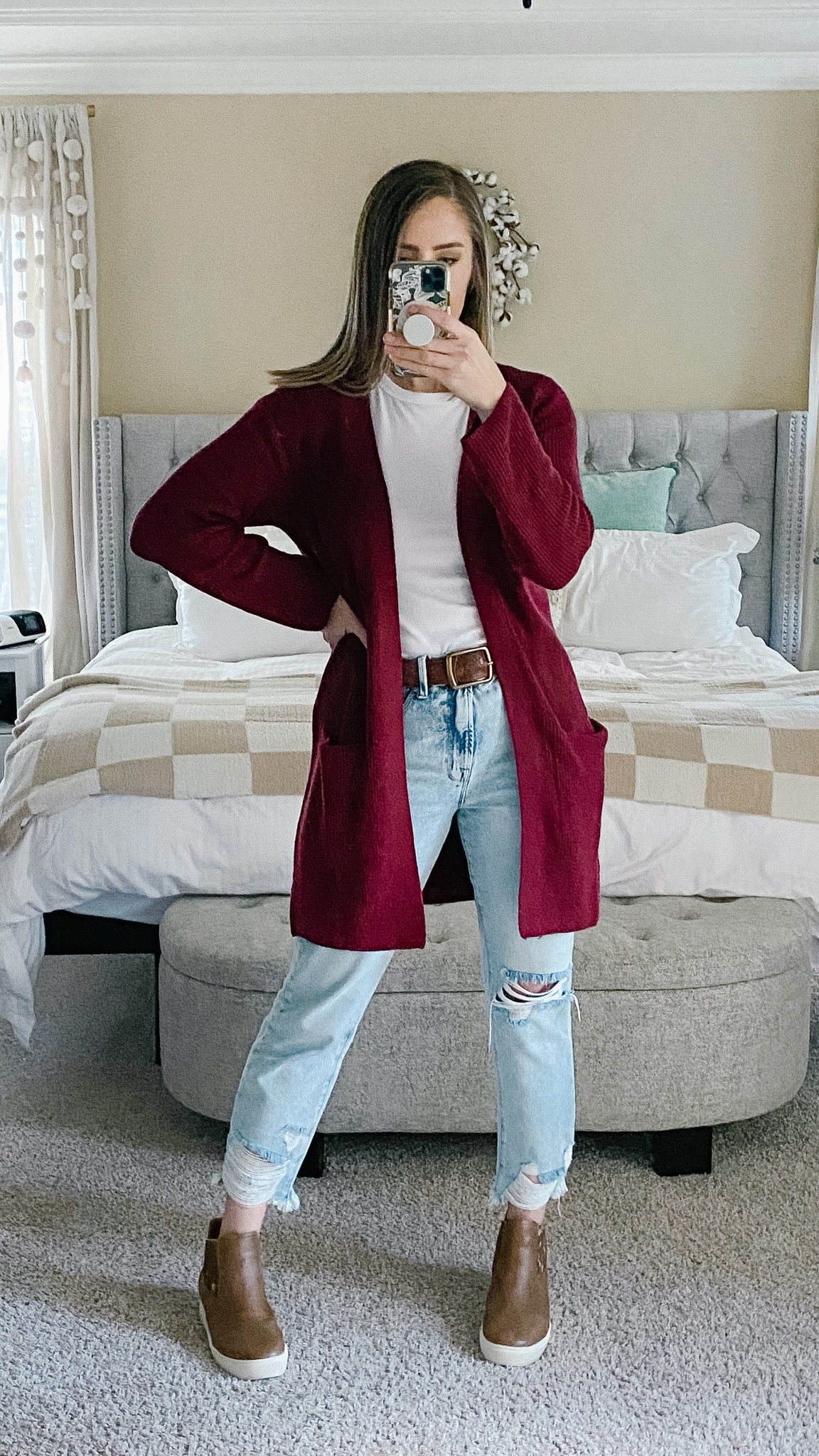 White rubbed tshirt | white cropped tshirt | brown belt | distressed denim | cropped distressed denim | ripped jeans | mid rise jeans | burgundy sweater | merlot sweater | old navy fashion | American eagle jeans | Good American jeans | yellow box shoes | brown sneaker boots | brown wedge sneakers | fall outfits | tall women outfits | tall girl fashion | tall women fashion | light wash denim | light wash jeans | open front cardigan | cardigan with pockets 

Sweater - S Tall
White tee - M Tall
Jeans - 8
Shoes - 11