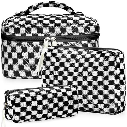 BuyCard 3Pcs Quilted Makeup Bag Set Large Checkered Knitted Cosmetic Bags Cute Coquette Makeup Bag Travel Cosmetic Organizer with Toiletry Pouch & Brush Holder for Women Checkered Mix Black | Amazon (US)