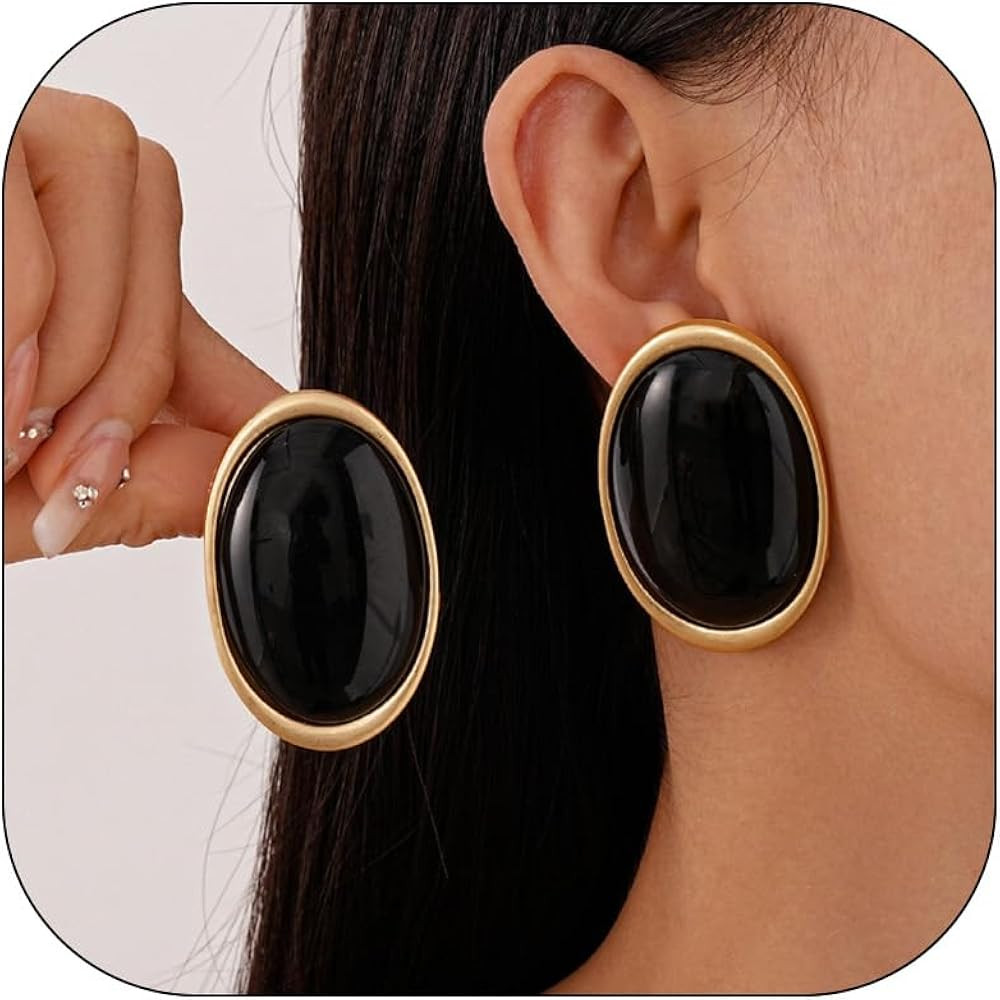 Chunky Statement Earrings for Women Black and Gold Earring Oval Dangle Studs Geometric Vintage Bl... | Amazon (US)