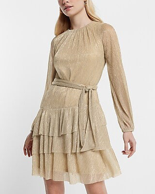 Metallic Gold Long Sleeve Tie Waist Tiered Ruffle Mini Dress | Express