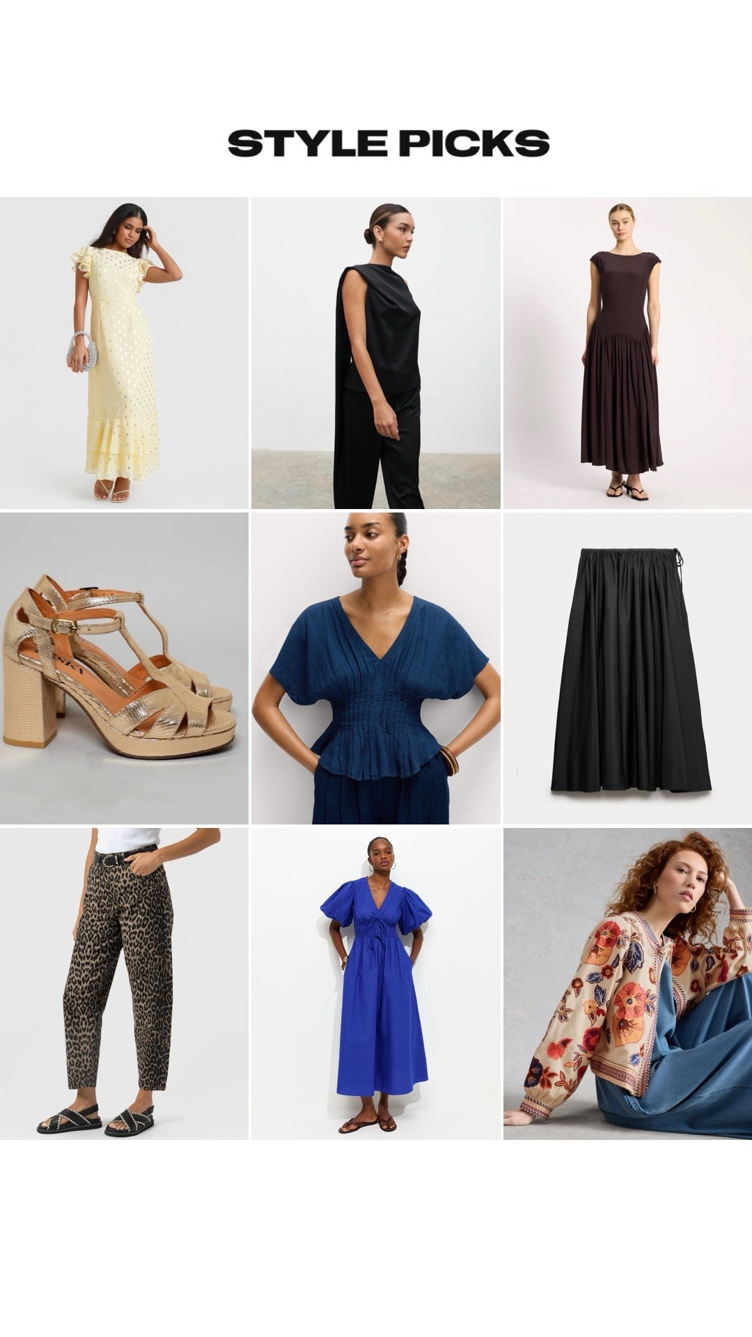 This week’s fashion picks include leopard barrel jeans from Saint + Sofia, a flattering dropped waist dress from Albaray, and a satin scarf top from Pretty Lavish. For occasion wear, a foil polka dot dress from Needs No Label is a surprising hit. Additionally, Esska shoes are recommended for comfortable occasion footwear. A black taffeta skirt from M&S is suggested as a versatile wardrobe staple and a cinched linen top also from M&S is recommended for great Summer shaping.