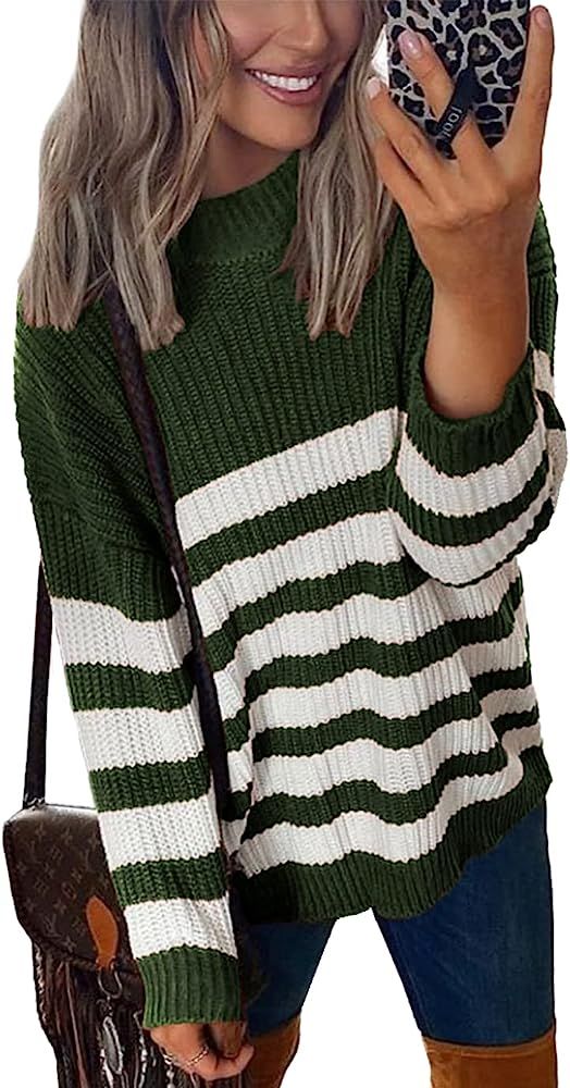 BTFBM Women Long Sleeve Sweater Tops Crew Neck Oversized Striped Print Chunky Knit Fall Winter Ca... | Amazon (US)