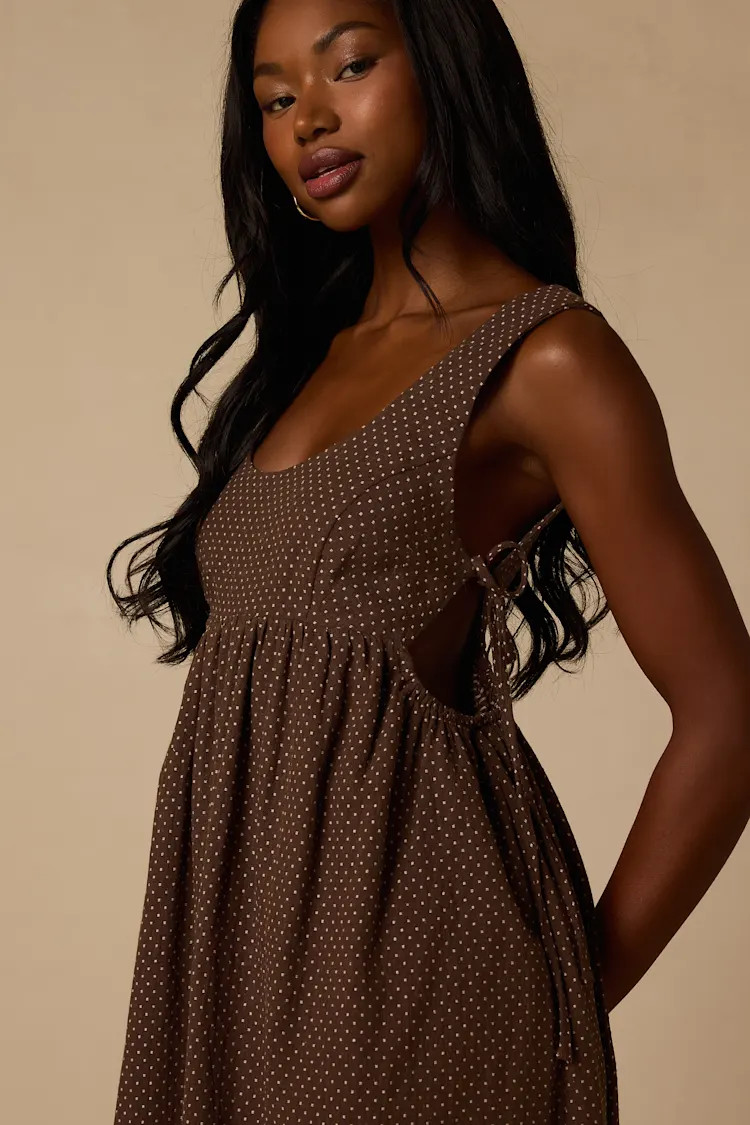 Shalena Brown Polka Dot Side-Tie Midi Dress | Lulus