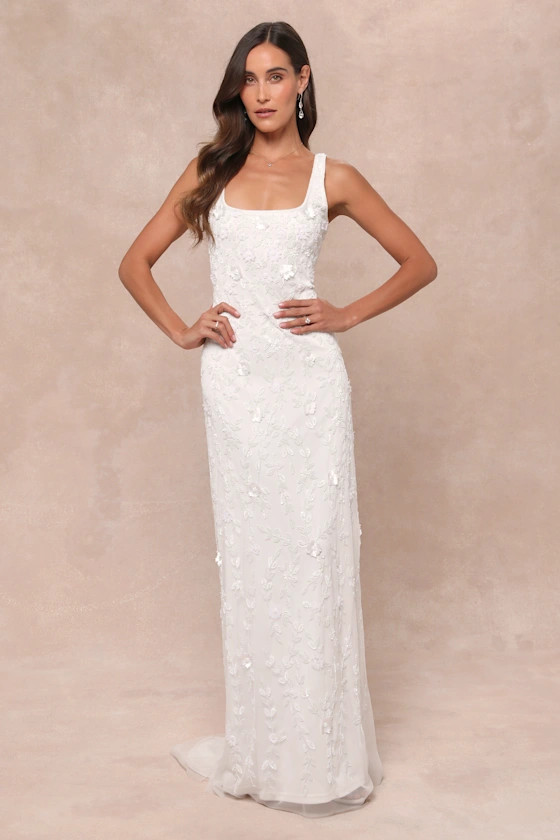 Extraordinary Glamour White 3D Floral Beaded Backless Maxi Dress | Lulus