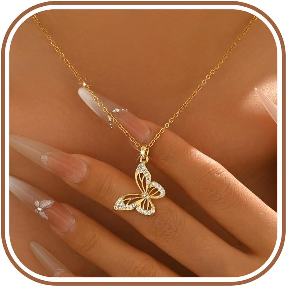 Gold Dainty Butterfly Necklaces for Women Titanium Stainless Steel Hollow Butterfly with Cubic Zi... | Amazon (US)
