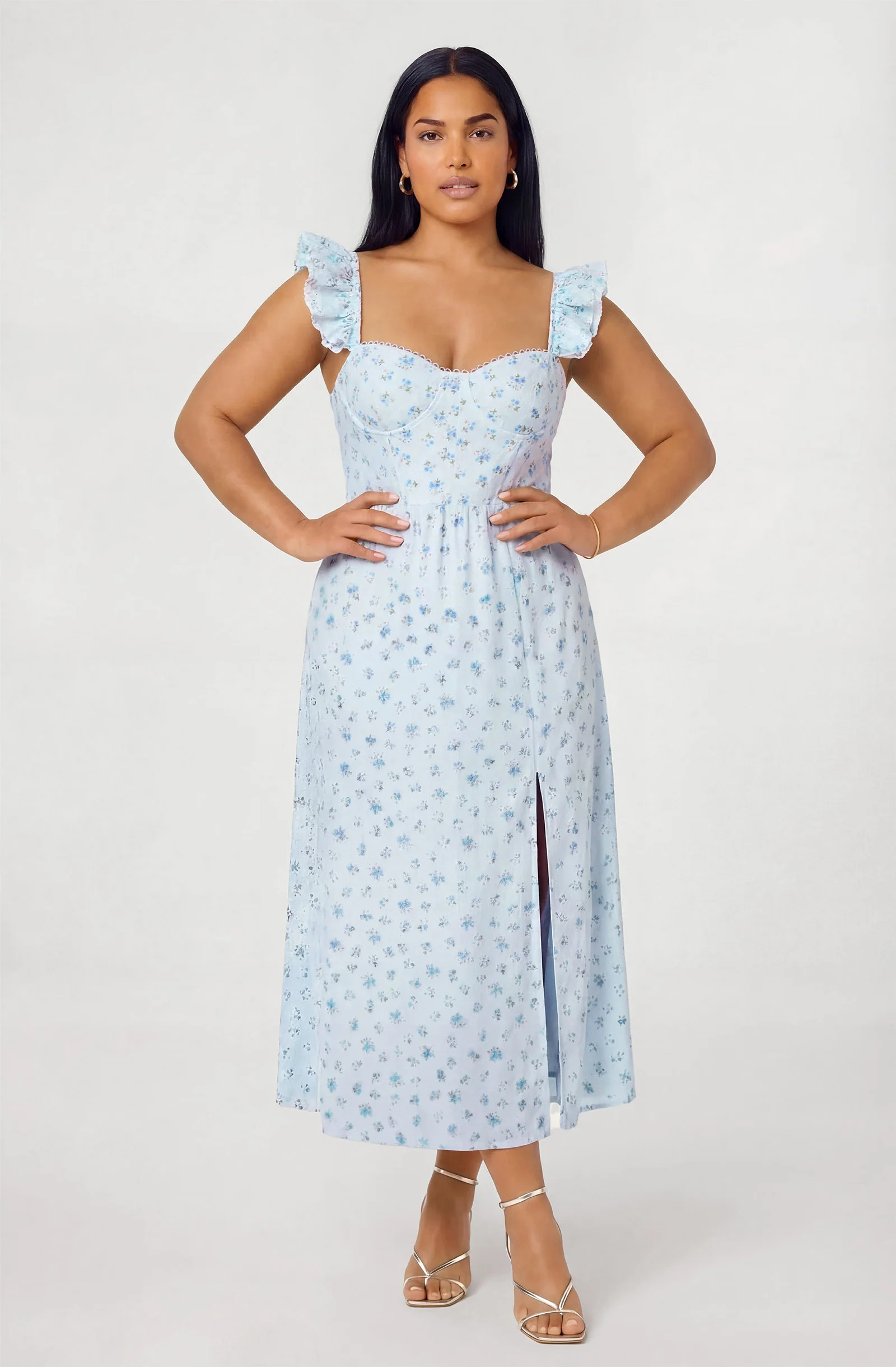 Wedelia Ruffle Strap Eyelet Corset Midi Dress - Blue floral / XS | ASTR The Label (US)