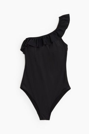 Padded-cup One-shoulder Swimsuit - Asymmetric Neckline - Sleeveless - Black/beige patterned - Lad... | H&M (US + CA)