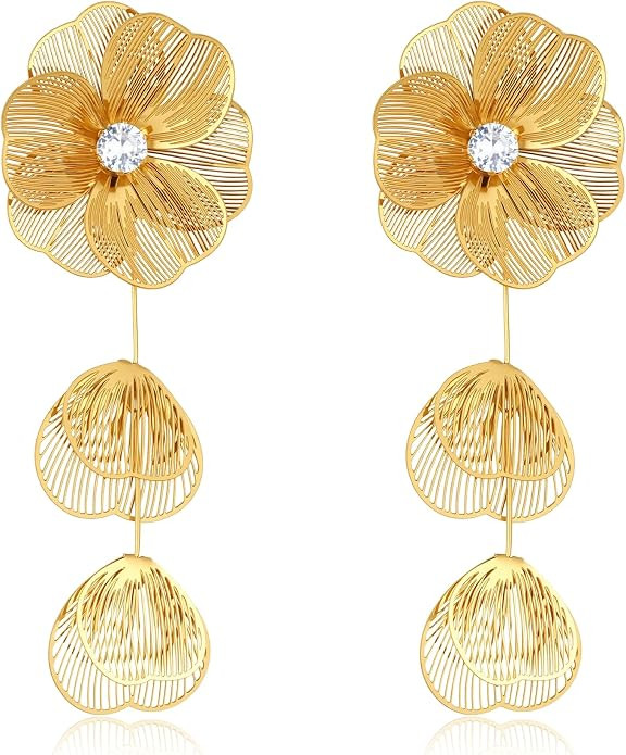 Kaleido Fashion Floral Drop Earrings for Women, 18K Gold-Plated Hypoallergenic Jewelry with Cubic... | Amazon (US)