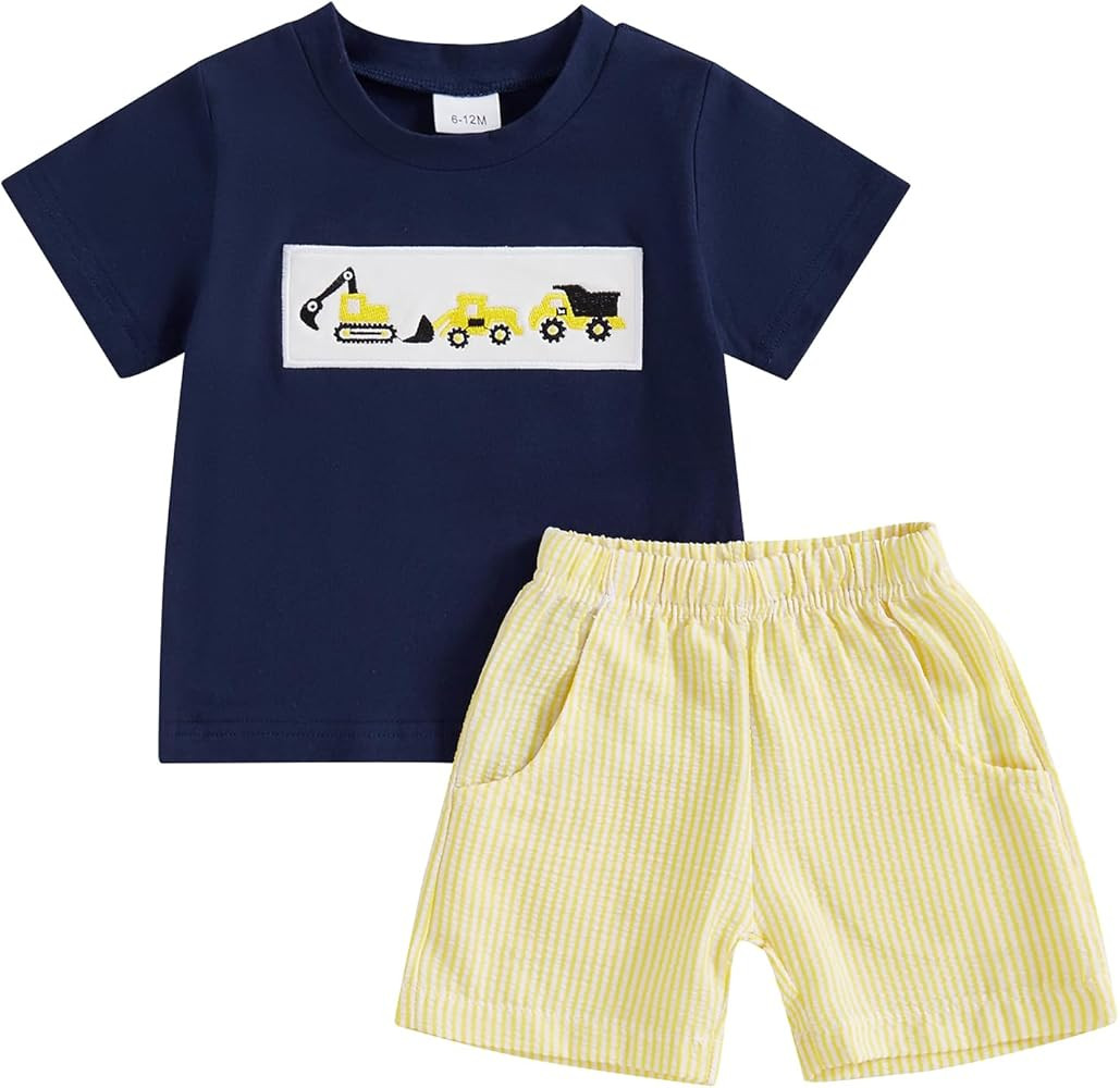 CIYCUIT Toddler Baby Boy Clothes Embroidered Print T-Shirt and Striped Shorts 2 Piece Outfit Set | Amazon (US)