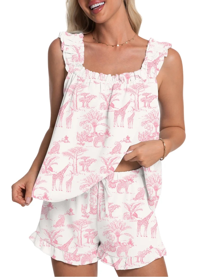 DAKIMOE Womens Pajamas Set 2 Piece Ruffle Pj Soft Tank Top and Shorts Sleepwear Lounge Sets for W... | Walmart (US)