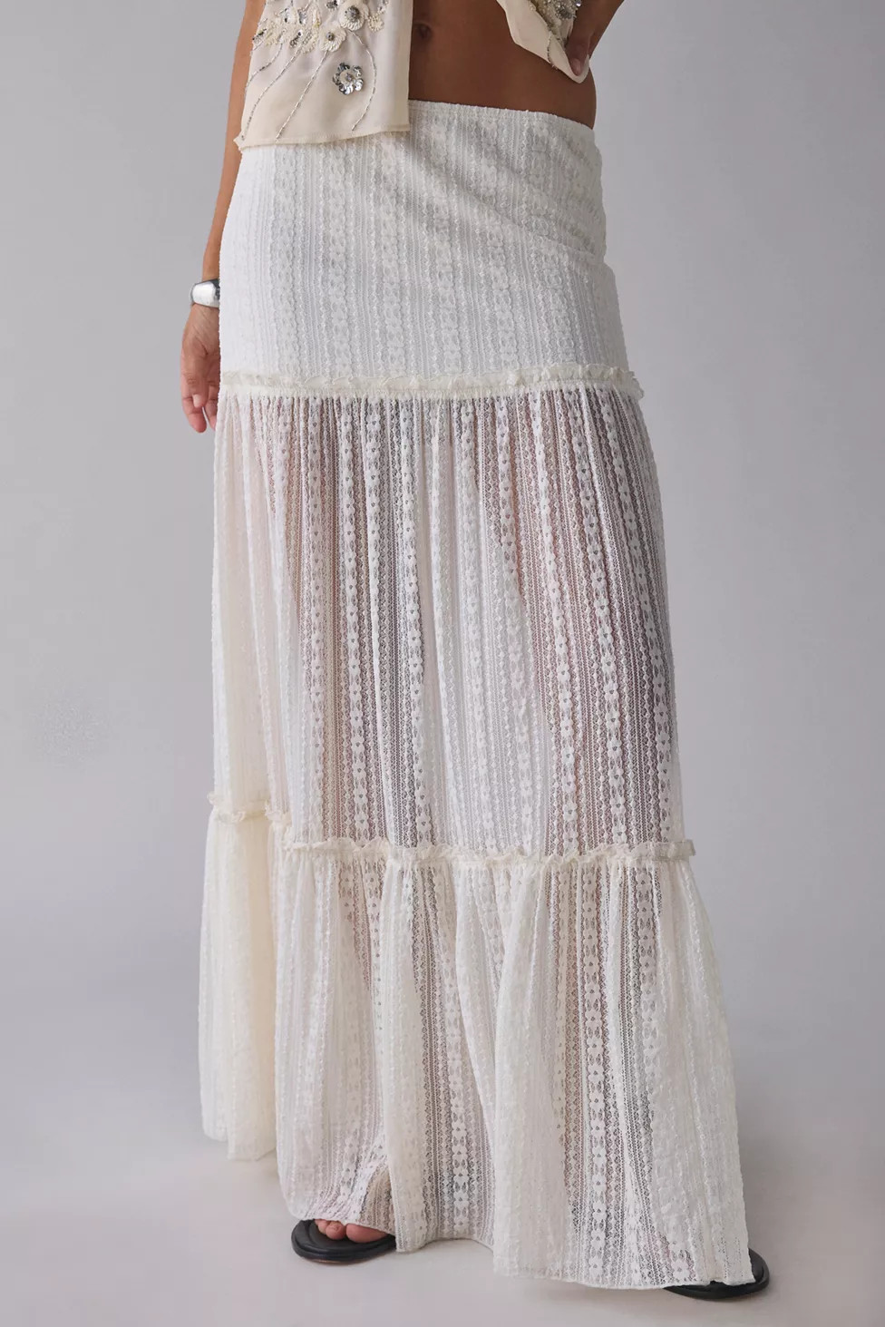 Kimchi Blue Gianna Yoked Semi-Sheer Lace Pleated Maxi Skirt | Urban Outfitters (US and RoW)