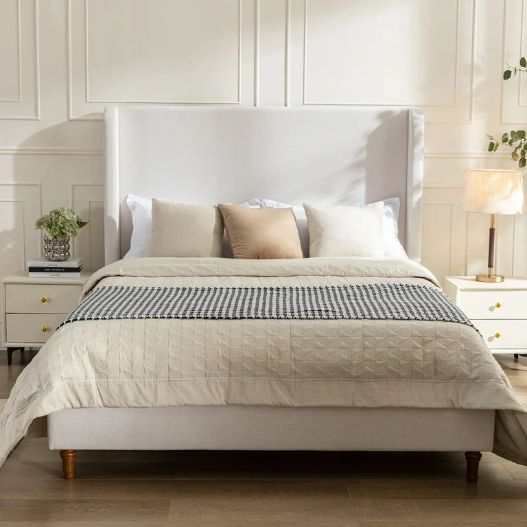 Miniyam King Size Upholstered Wingback Bed with 54" Headboard for Adult, Ivory | Walmart (US)