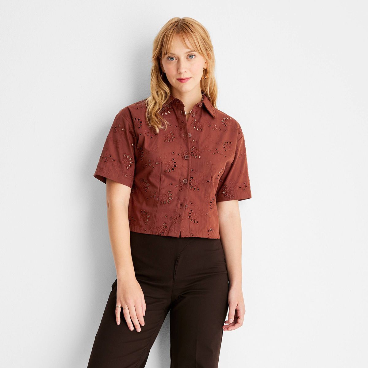 Women's Floral Print Short Sleeve Eyelet Button-Down Shirt - Future Collective™ with Reese Blut... | Target