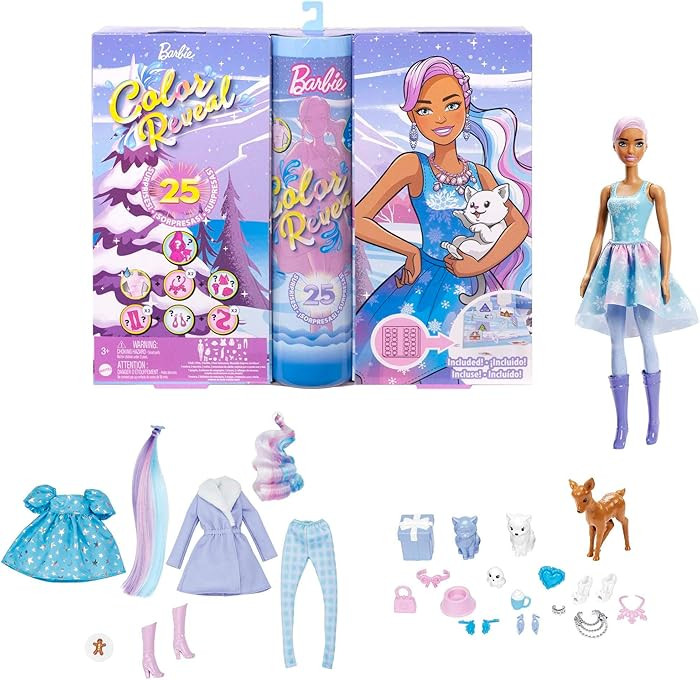 Barbie Color Reveal Advent Calendar, 1 Color Reveal Doll & 3 Pets, Clothes, Accessories & 2 Hair ... | Amazon (US)