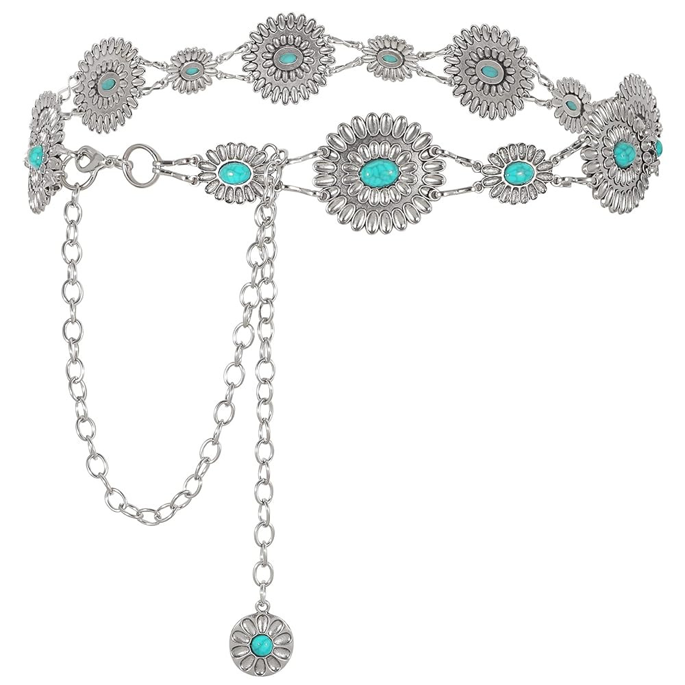 WHIPPY Women Concho Chain Belt Metal Link Western Cowgirl Turquoise Chain Belt for Dress | Amazon (US)