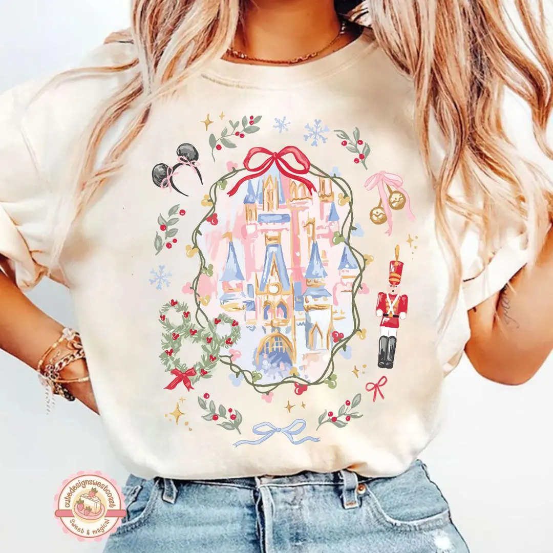 Retro Coquette Bow Disney Castle Christmas Shirt, Magic Kingdom, Mickey's Very Merry Christmas Pa... | Etsy (US)