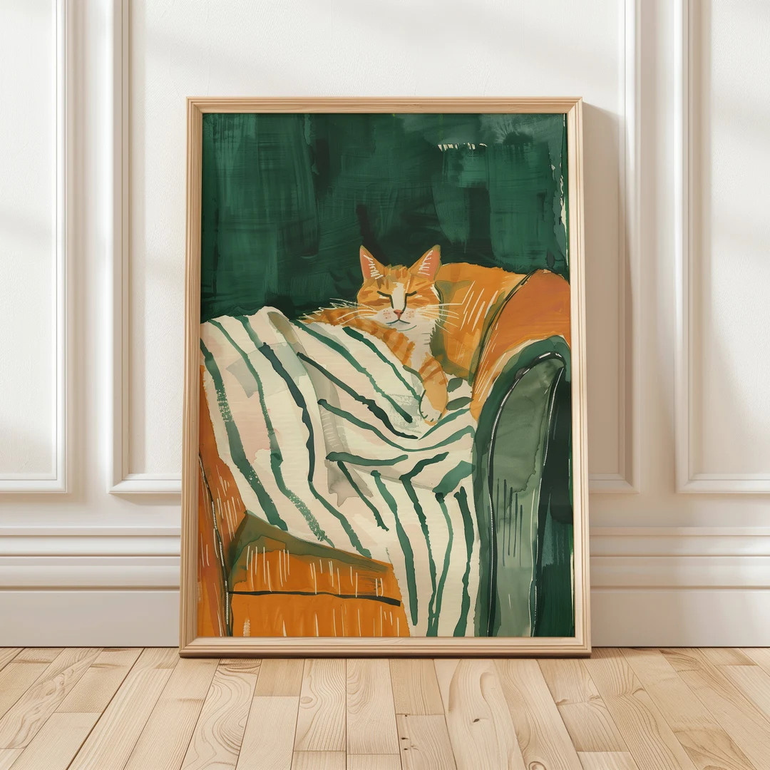 Dark Green Stripe Sleeping Cat Digital Download - Etsy | Etsy (US)