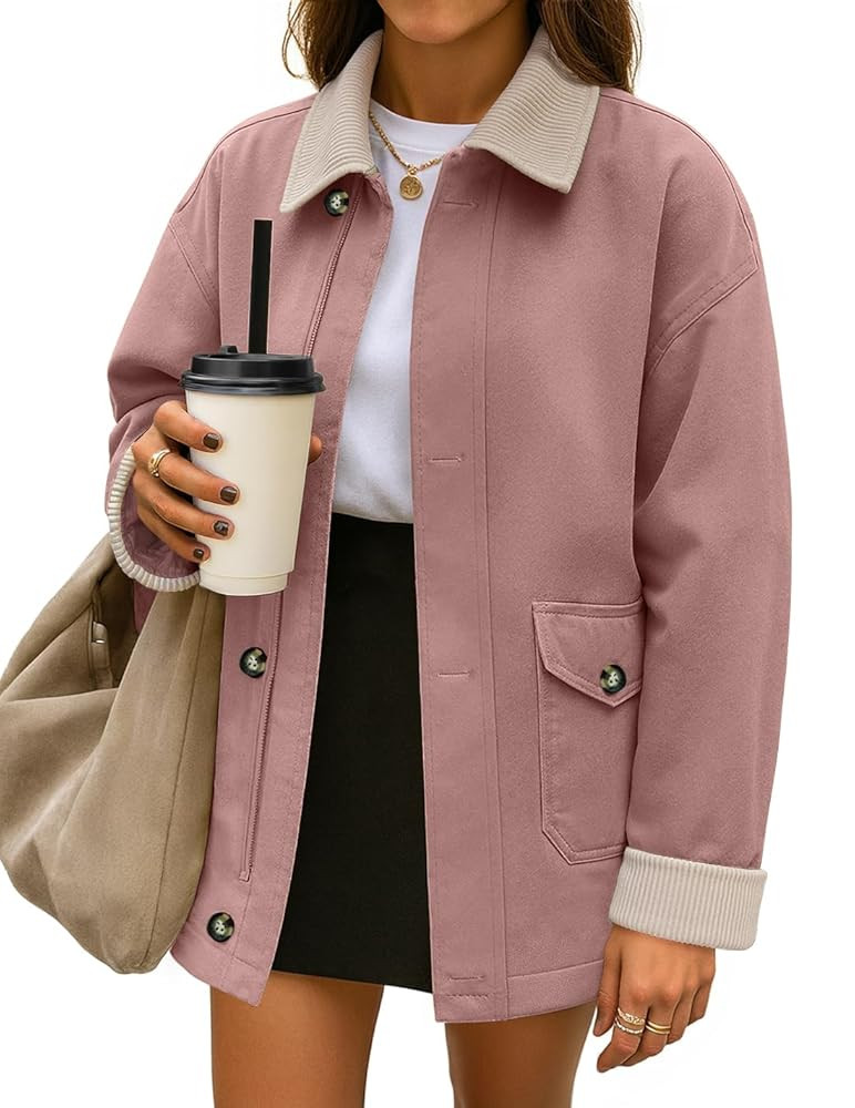 ZESICA Women's Lightweight Trendy Jackets 2025 fall Contrast Collar Zip Up Cotton Oversized Casua... | Amazon (US)
