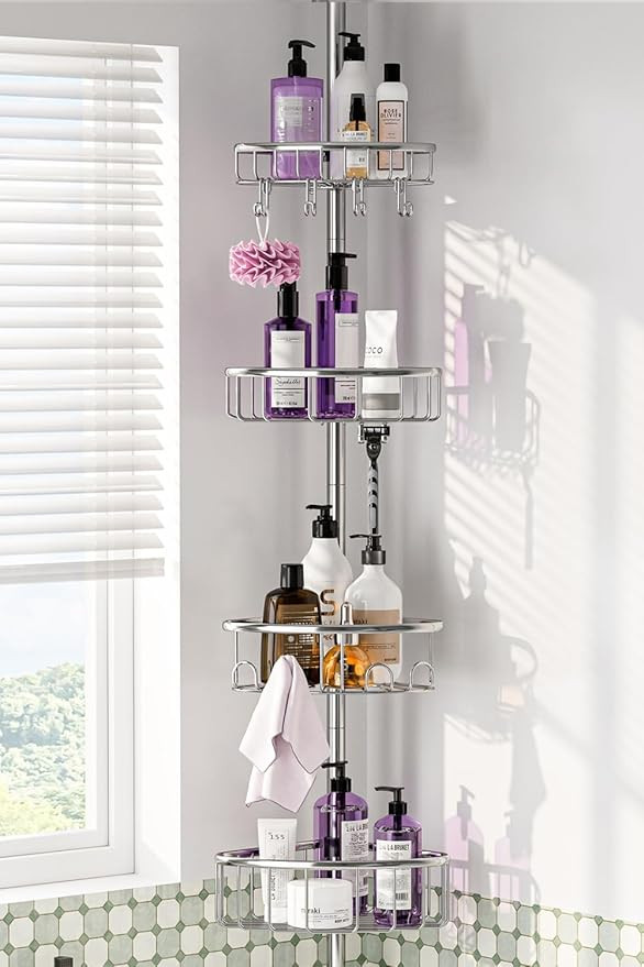 Corner Shower Caddy Tension Pole: Stainless Steel Rustproof 4-Tier Shower Organizer - 47-121 inch... | Amazon (US)