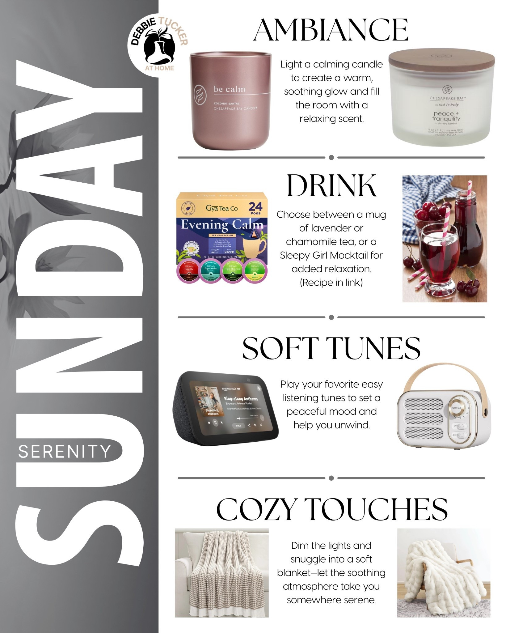 It’s Sunday Serenity 🪷 Light a calming candle, sip a relaxing drink, turn on your favorite tunes, and snuggle in a cozy blanket. Create a calming space that helps you unwind and reset. Email me for the Sleepy Girl Mocktail recipe! 
📧 tuckerdesignswv@yahoo.com

#LTKHome #LTKFindsUnder50 #LTKFamily