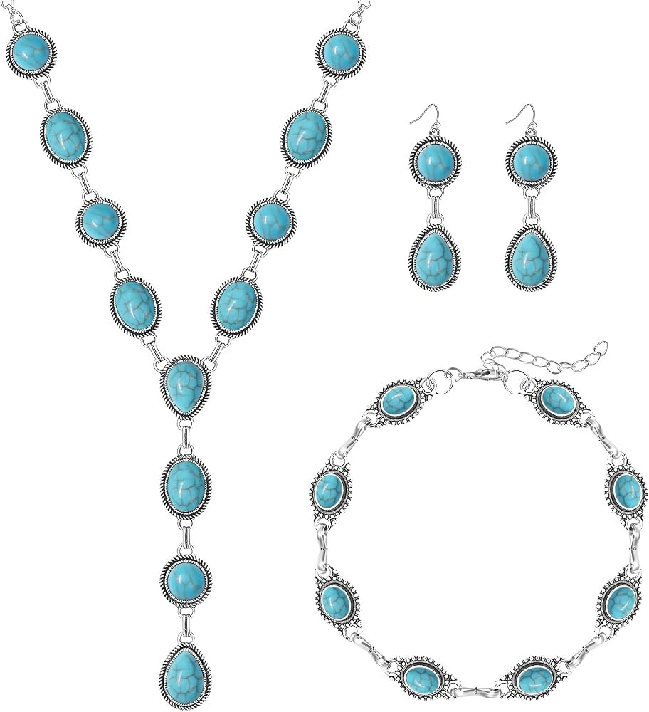 NEWITIN 4 Pieces Silver Bohemian Jewelry Set for Women Fashion Costume Jewels Turquoise Necklace ... | Amazon (US)