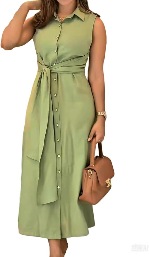 CHARTOU Women's Sleeveless Lapel Long Shirt Dress Button Down Lace Up Casual Work Swing Summer Dr... | Amazon (US)