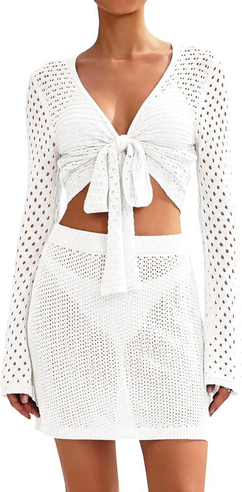 Saodimallsu Womens Crochet Swim Cover Up 2 Piece V Neck Long Sleeve Wrap Tie Crop Tops Beach Boho... | Amazon (US)