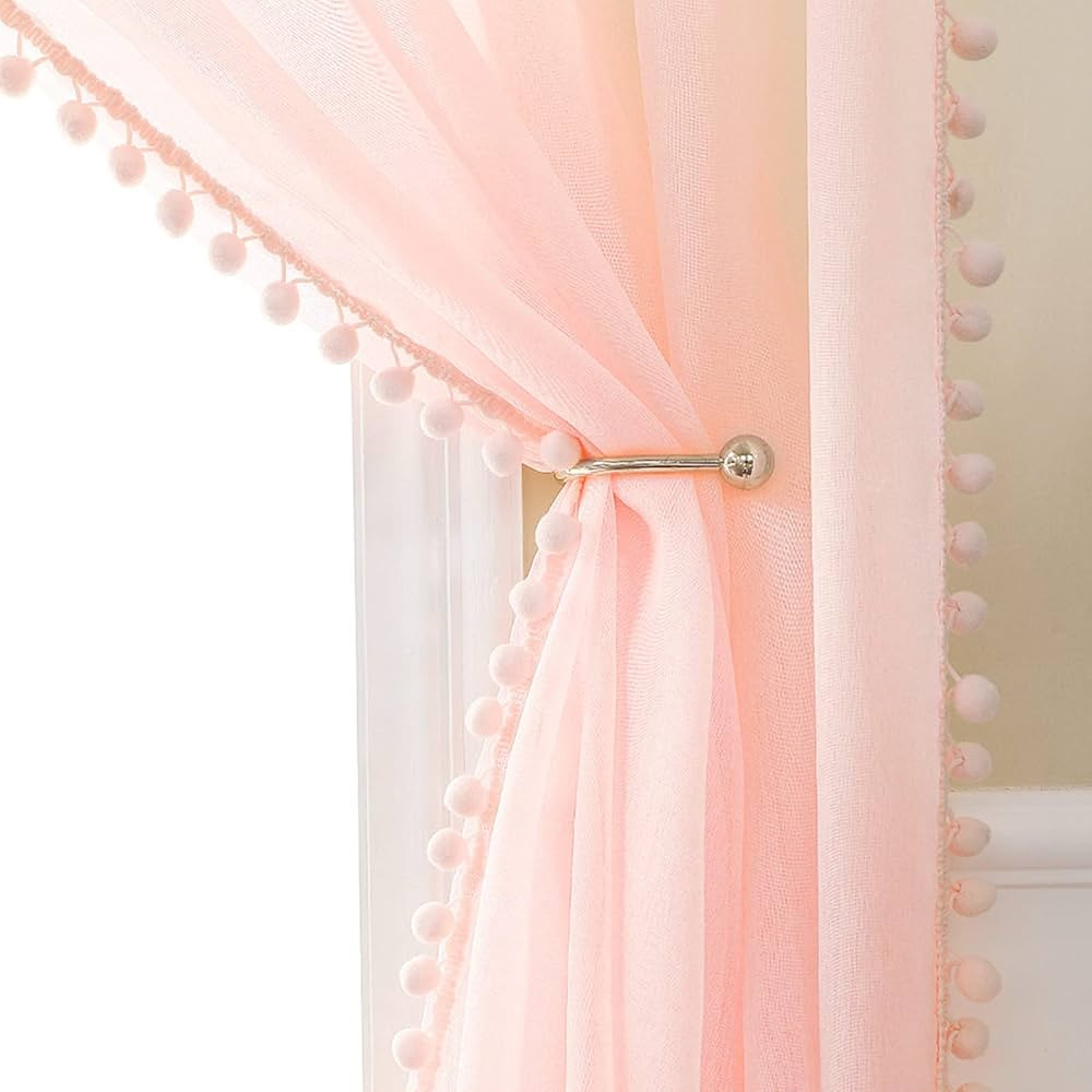 MIULEE Pom-Pom Sheer Curtains for Bedroom 84 inches Linen Textured Look Pink Sheer Window Drapes ... | Amazon (US)