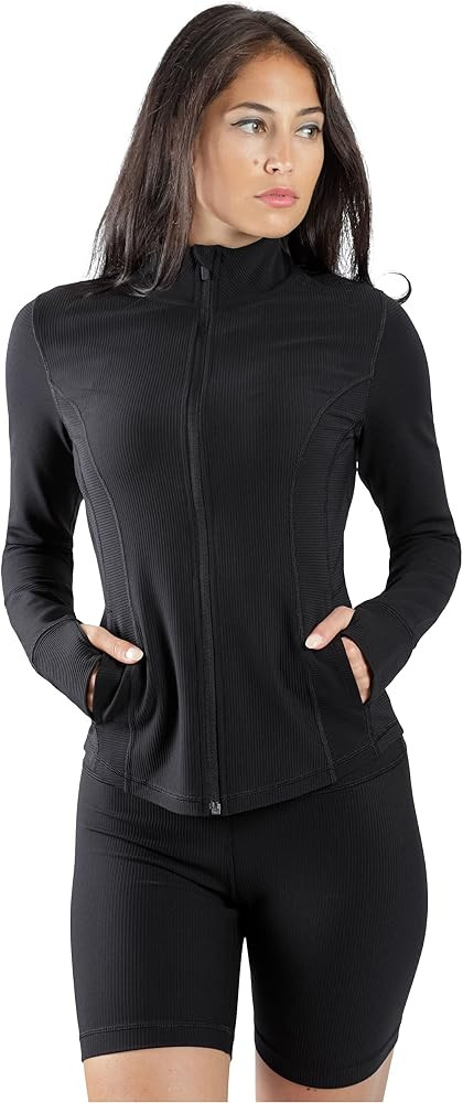 90 Degree By Reflex Womens High Neck Ribbed Performance Spring Jacket with Thumbholes | Amazon (US)