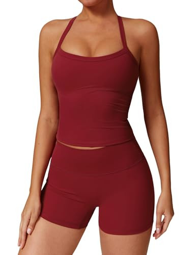 QBGJTD Two Piece Workout Sets For Women Straps Cross Back Tank Top Matching High Waist Booty Lifting Biker Shorts 2 Piece Gym Yoga Active Wear Outfits Womens Athletic Work Out Clothes Burgundy M | Amazon (US)