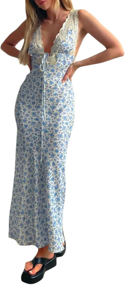 Women’s Deep V Neck Floral Print Maxi Dress Sleeveless Bodycon Strap Patchwork Long Dress Y2k S... | Amazon (US)