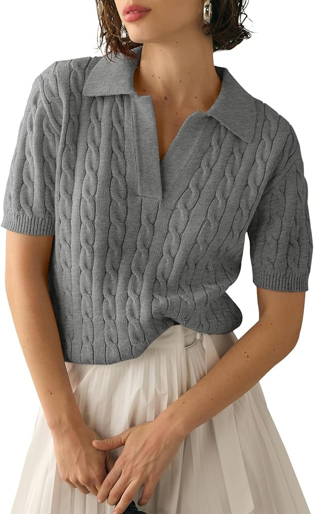 Imily Bela Women's Cable Short Sleeve Sweaters Tops Solid Lapel V Neck Knit Casual Soft Pullover ... | Amazon (US)