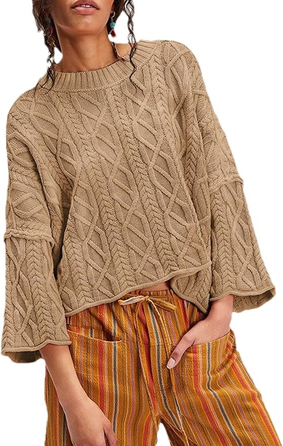 Zontroldy Women's Crewneck Lantern Sleeve Boxy Cable Knit Sweater Cropped Pullover Sweaters Jumpe... | Amazon (US)