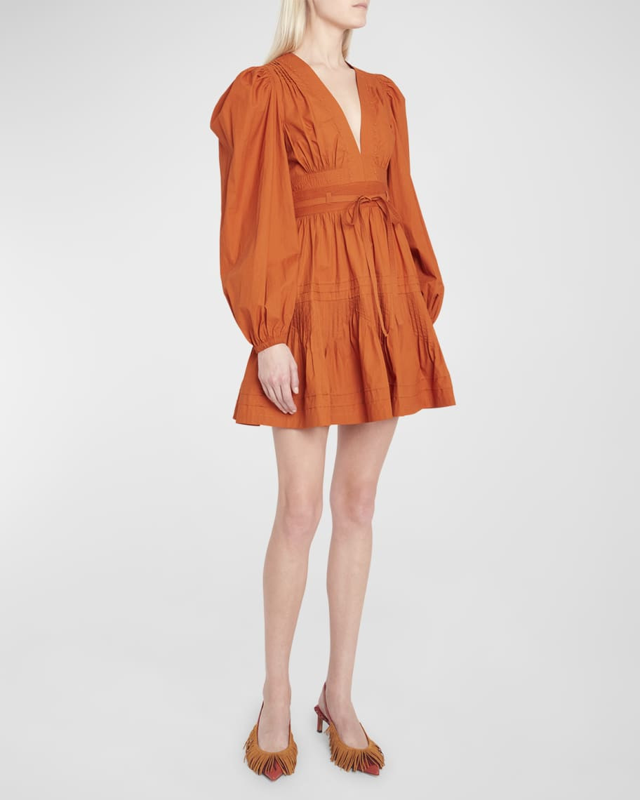 Ulla Johnson Rosalind Puff-Sleeve Belted Poplin Mini Dress | Neiman Marcus