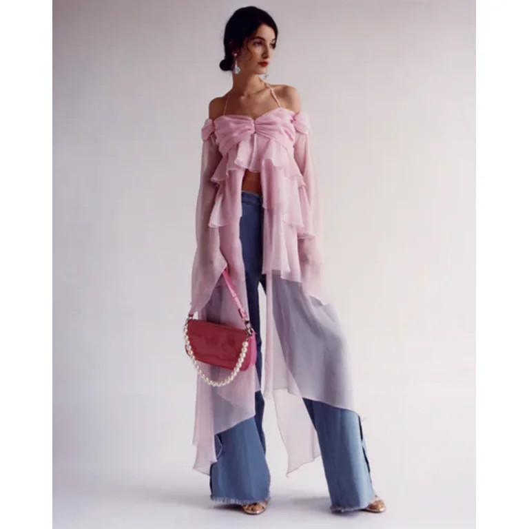 Inevnen Women Slim Tops Pink Long Sleeve Hanging Neck Irregular Ruffle Blouse - Walmart.com | Walmart (US)