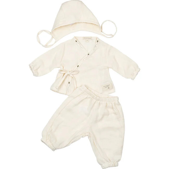Wild Wawa | Gauze Three Piece Set, Pearl Bees (Cream, Size 3-6M) | Maisonette | Maisonette