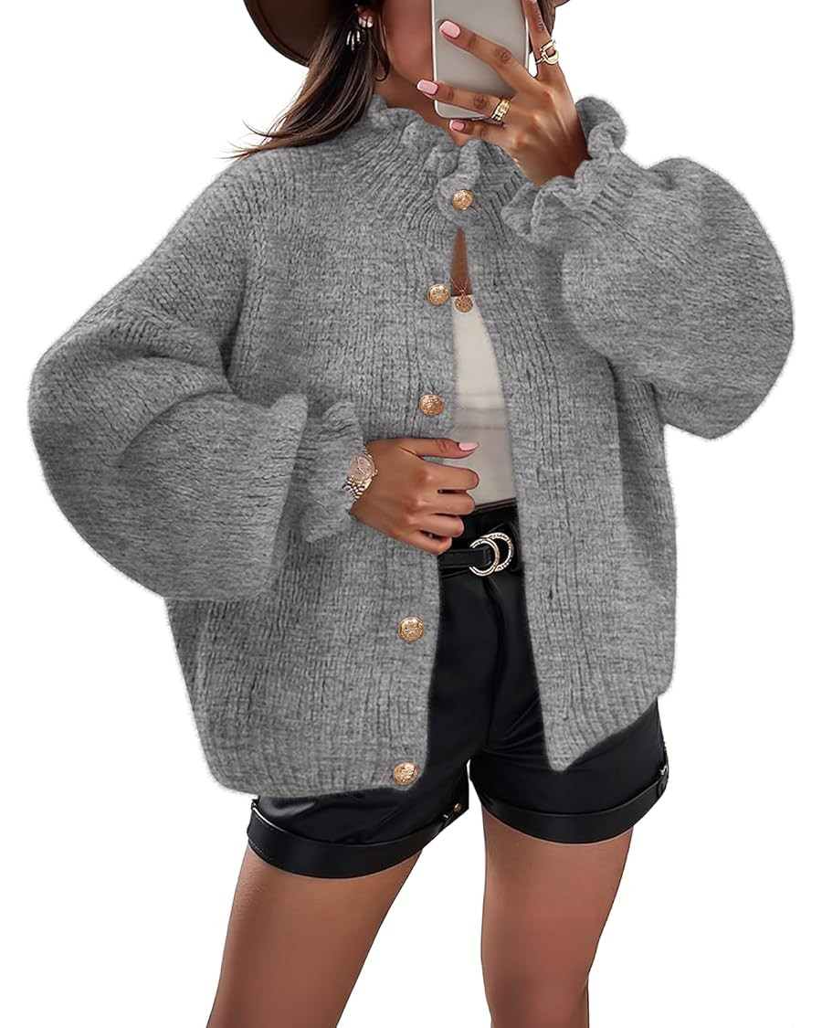 MEROKEETY Women's Ruffle Cardigan Sweaters 2025 Trendy Fashion Button Down Chunky Long Sleeve Cas... | Amazon (US)