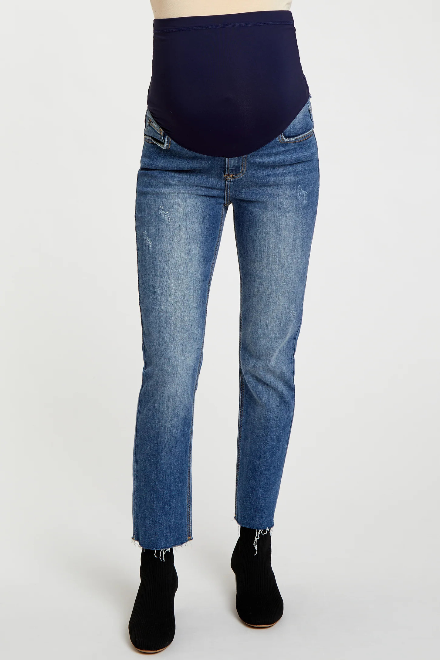 Blue Slightly Distressed Raw Hem Maternity Jeans | PinkBlush Maternity