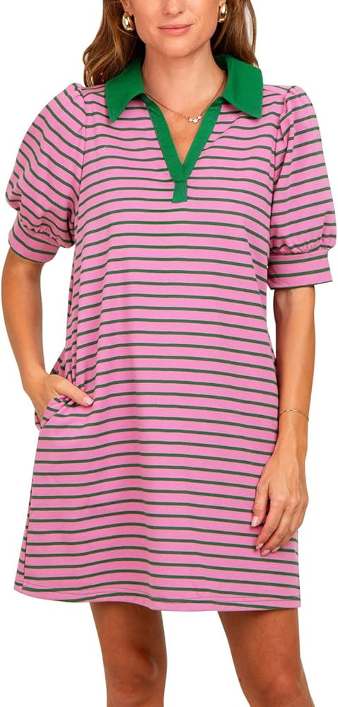 Yousify Women's Summer Lapel Collared V Neck Striped Dress Casual Puff Short Sleeve Polo Tshirt D... | Amazon (US)